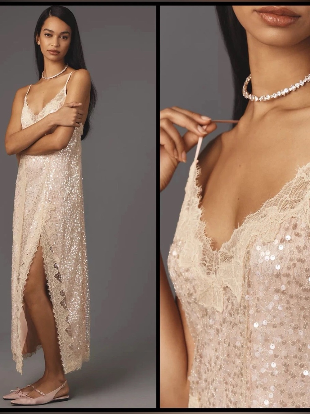 Anthropologie En Elly Sleeveless V-Neck Lace Sequin Slip Midi Dress Sz M Wedding